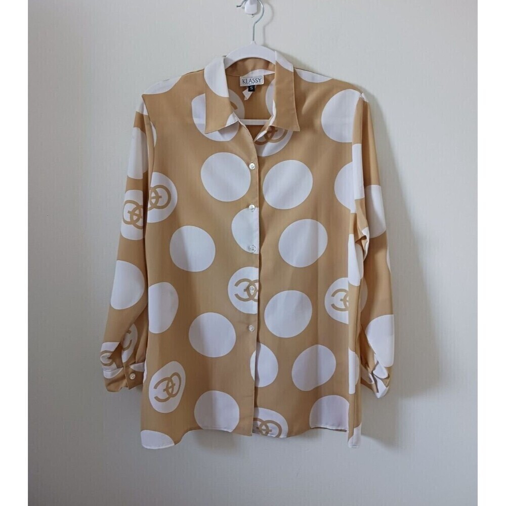 Vintage Klassy Blouse Top‎ Polka Dot Long Sleeve Button Up Mustard White S